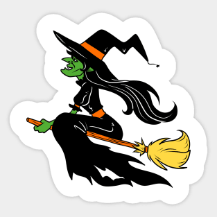 Green Skin Black Haired Witch on Broom Stick Sticker